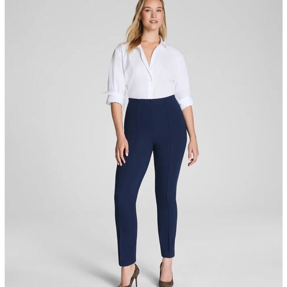 SPANX Supersmooth PerfectFit Ponte Ankle Slim Pant Navy Stripe Large Stretch - Picture 1 of 8